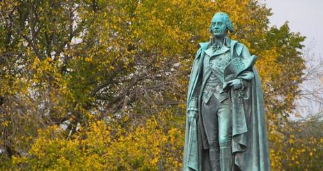 Statue of Major General Artemas Ward on Ward Circle in the fall